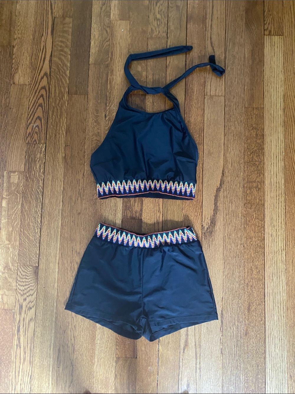 Womens Black Two-Piece Tankini Set with Multicolor Trim